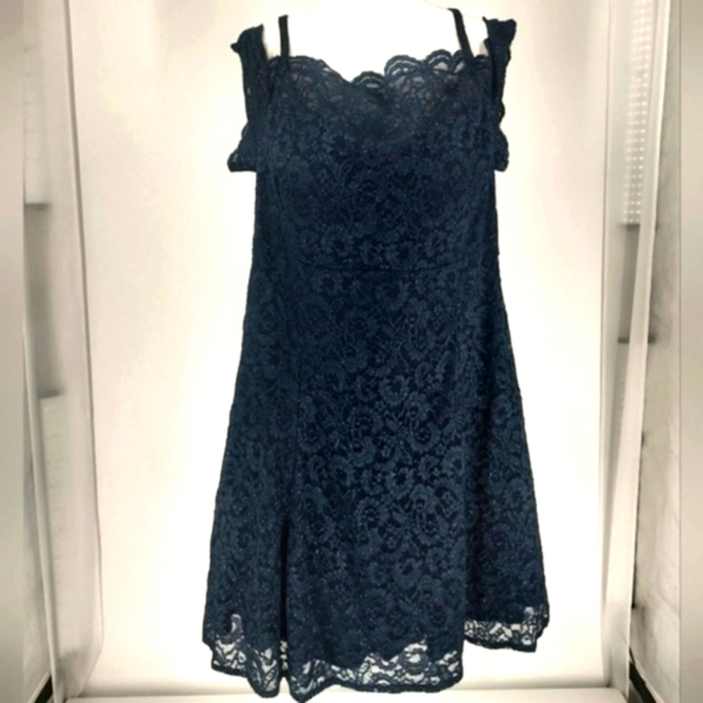 Morgan & Co Plus Size Off The Shoulder Fit & Flare Navy Dress